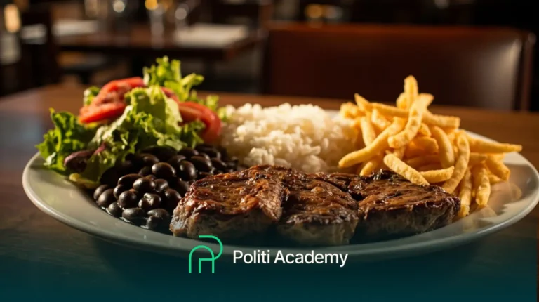 Um prato com bife grelhado, batatas fritas, arroz branco, feijão preto e uma salada com alface e tomate. O logotipo da Politi Academy está na parte inferior da imagem.
