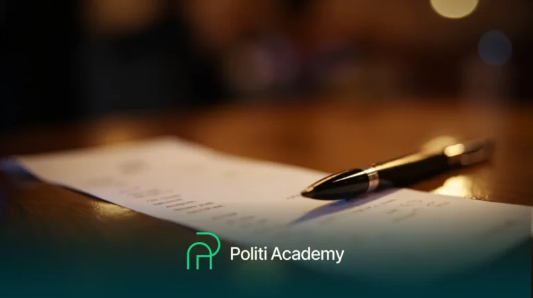 Uma caneta repousa sobre uma folha de papel em uma mesa de madeira com o logotipo e o texto da Politi Academy exibidos na parte inferior.
