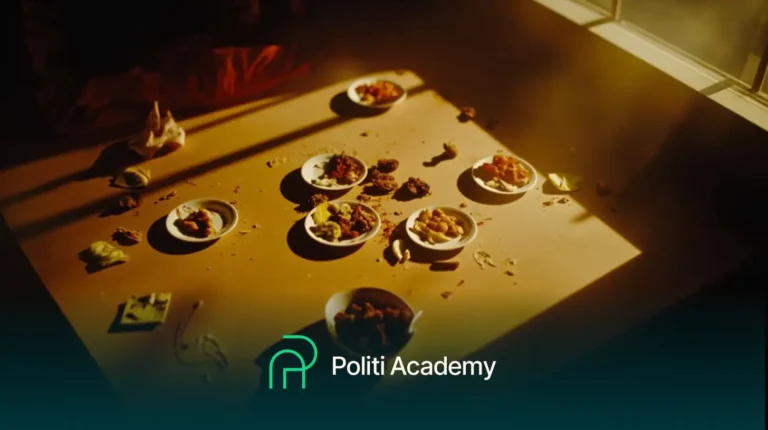 Uma mesa com vários pratos pequenos de comida, migalhas e restos espalhados, iluminada pela luz do sol de uma janela; logotipo da Politi Academy na parte inferior.