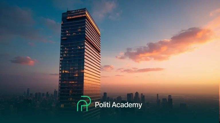 Um arranha-céu alto e moderno ao pôr do sol com o horizonte da cidade ao fundo; o logotipo e o texto "Politi Academy" aparecem na parte inferior central.