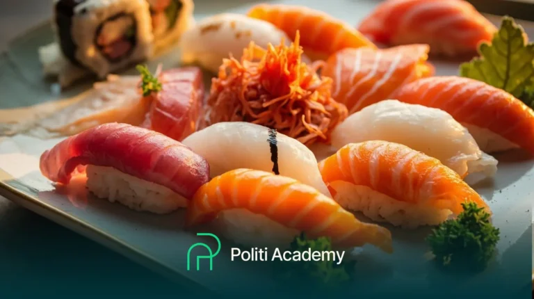 Peças variadas de sushi, incluindo nigiri e rolinhos, dispostas em um prato com guarnição; logotipo da "Politi Academy" exibido na parte inferior.