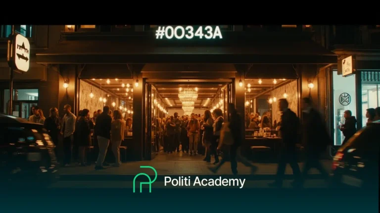 As pessoas se reúnem e socializam em um restaurante ou bar com iluminação quente à noite; uma placa com a inscrição "#00343A" é exibida acima da entrada. O logotipo da Politi Academy aparece na parte inferior.