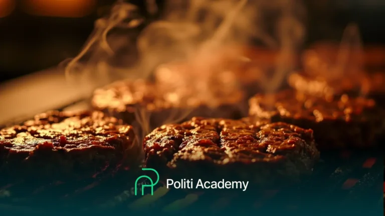 Vários hambúrgueres cozinhando em uma grelha com vapor ou fumaça visíveis, acompanhados por um logotipo da Politi Academy na parte inferior.