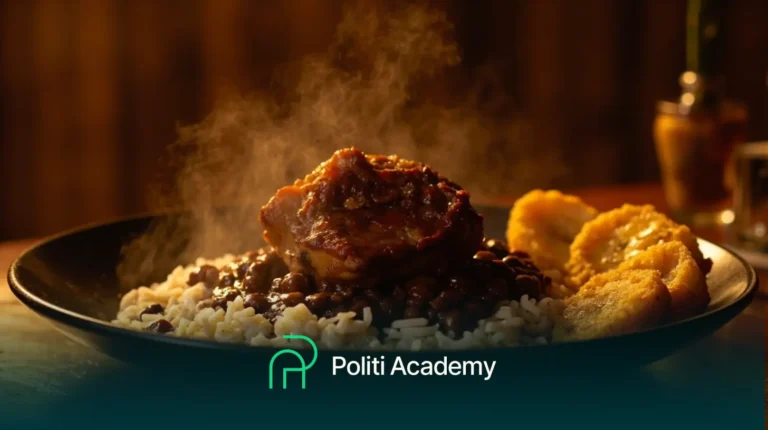Um prato de arroz e feijão coberto com um pedaço de carne, servido com banana frita ao lado. O logotipo da Politi Academy pode ser visto na parte inferior da imagem. O vapor sai da comida.