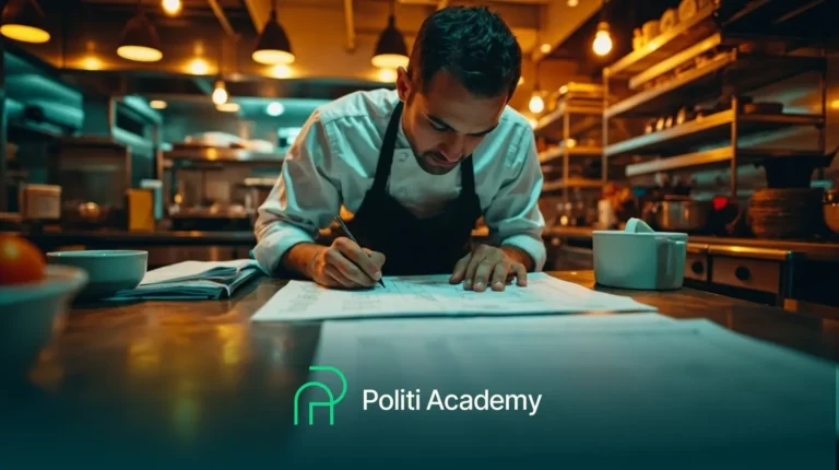 Um chef em uma cozinha comercial faz anotações em papéis em um balcão; o logotipo da "Politi Academy" é exibido na parte inferior da imagem.
