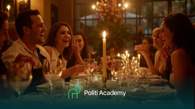Um grupo de pessoas sentadas ao redor de uma mesa de jantar à luz de velas, sorrindo e conversando. As palavras "Politi Academy" aparecem na parte inferior da imagem.