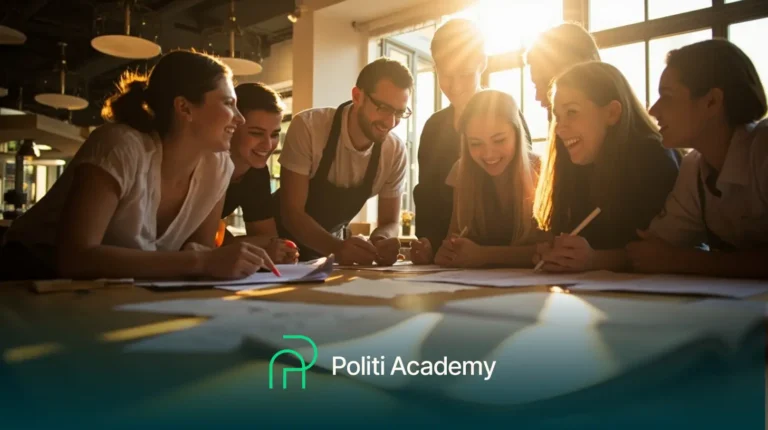Oito jovens adultos se reúnem em torno de uma mesa, colaborando e sorrindo, com a luz do sol passando pelas janelas. O logotipo da "Politi Academy" é exibido na parte inferior da imagem.