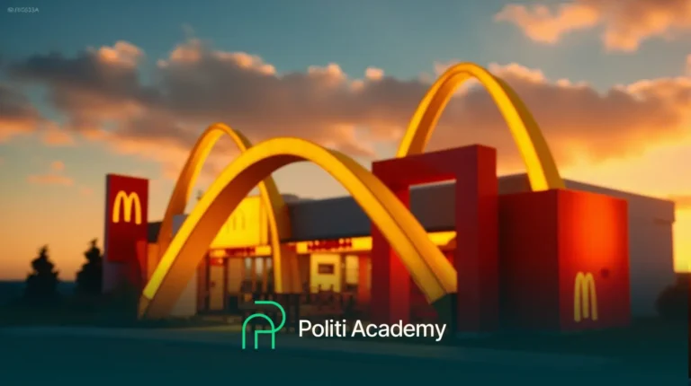 Um restaurante McDonald's com arcos dourados ao pôr do sol; as palavras "Politi Academy" e um logotipo estão sobrepostos na parte inferior central.