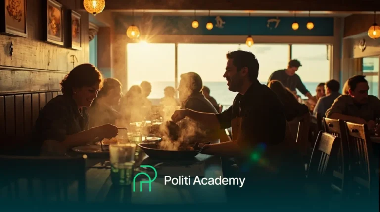 Pessoas jantam em um restaurante durante o pôr do sol, com iluminação quente e comida sobre a mesa. O logotipo da Politi Academy está na parte inferior da imagem.