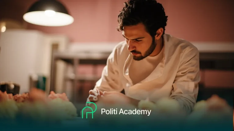 Um homem com um jaleco branco de chef se concentra na preparação de alimentos em uma cozinha. O texto "Politi Academy" e um logotipo aparecem na parte inferior da imagem.