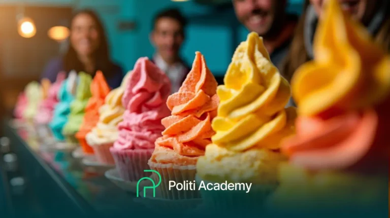 Uma fileira de cupcakes de sorvete com espirais coloridas fica em um balcão com quatro pessoas sorrindo em um fundo desfocado. O logotipo da "Politi Academy" pode ser visto na parte inferior.