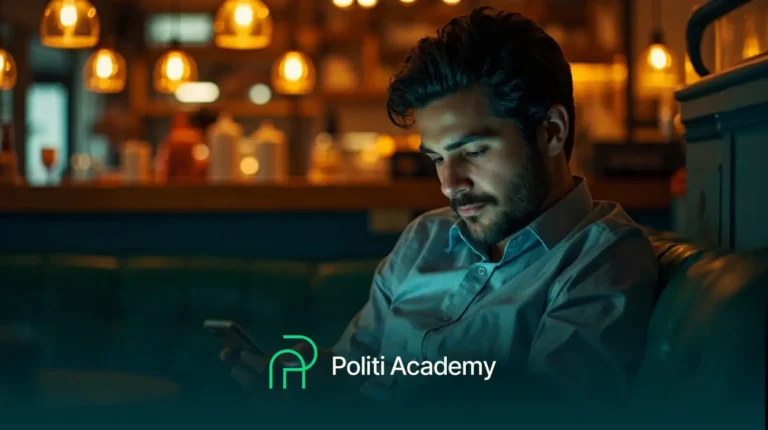 Um homem sentado em um sofá olha para seu telefone, com luzes quentes penduradas ao fundo. O logotipo e o texto da Politi Academy aparecem na parte inferior da imagem.