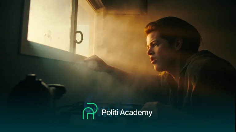 Uma pessoa olha por uma pequena janela em uma sala pouco iluminada com luz nebulosa. O texto "Politi Academy" aparece na parte inferior com um logotipo simples.