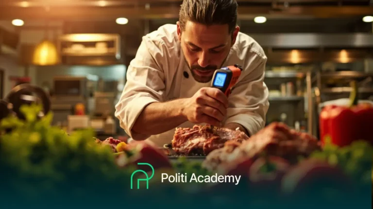 Um chef em uma cozinha comercial usa um termômetro digital para verificar a temperatura da carne, com o logotipo e o nome da Politi Academy sobrepostos na parte inferior.