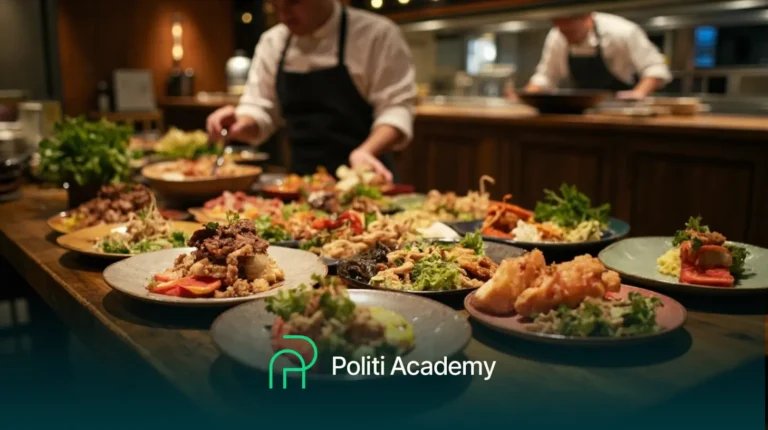 Mesa de bufê com vários pratos, incluindo carnes, legumes e saladas, sendo preparados por chefs em uma cozinha. Logotipo da Politi Academy visível na parte inferior.