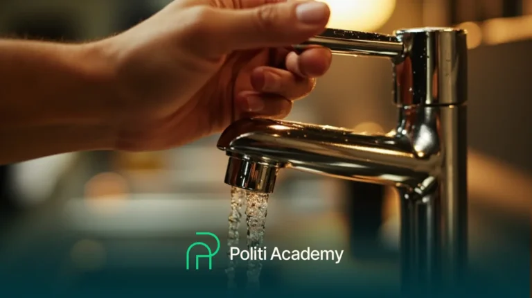 Uma mão abre uma torneira cromada com água fluindo, com o logotipo e o texto da Politi Academy exibidos na parte inferior da imagem.