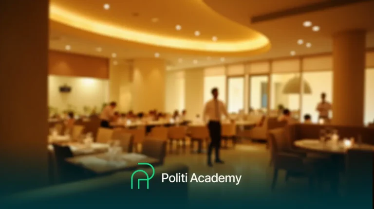 Uma área de jantar de restaurante com várias pessoas sentadas em mesas e servidores em pé; a imagem apresenta o logotipo da "Politi Academy" na parte inferior.