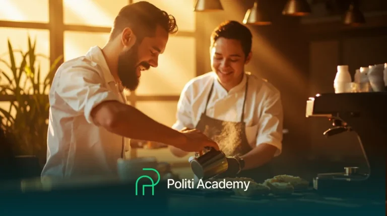 Dois baristas preparam bebidas e alimentos juntos atrás de um balcão em uma cafeteria bem iluminada. O logotipo e o texto da Politi Academy são exibidos na parte inferior da imagem.