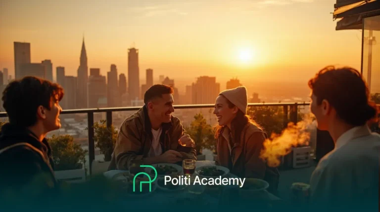 Quatro pessoas sentadas em uma mesa no terraço, comendo e conversando ao pôr do sol, com o horizonte da cidade ao fundo. O logotipo da "Politi Academy" é exibido na parte inferior da imagem.