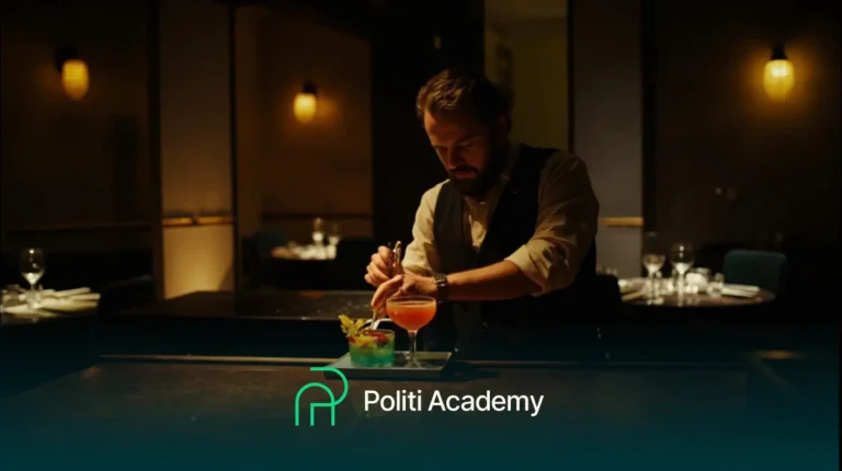 Um bartender prepara um coquetel em um bar pouco iluminado com mesas vazias ao fundo. O texto "Politi Academy" e um logotipo aparecem na parte inferior da imagem.