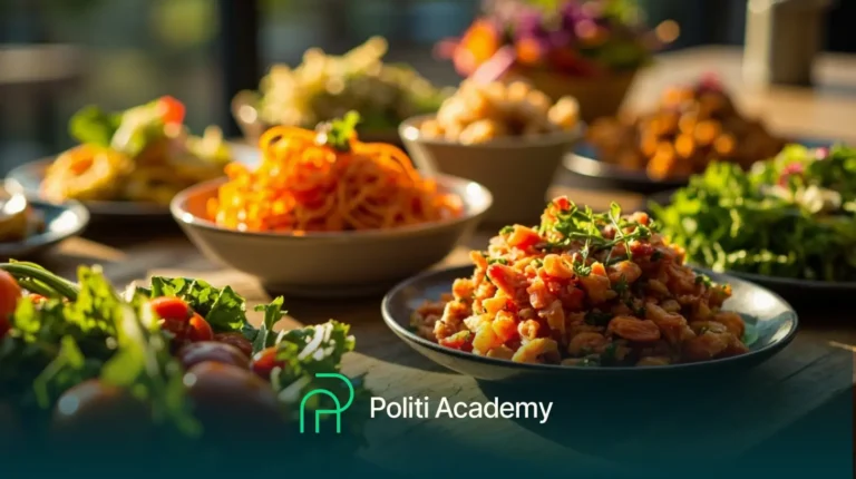 Uma variedade de pratos coloridos, incluindo massas e saladas, estão dispostos em uma mesa com o logotipo da Politi Academy na parte inferior da imagem.
