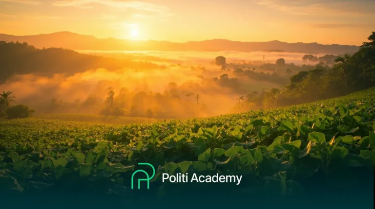Um nascer do sol sobre um campo verdejante com colinas distantes e neblina, com o logotipo e o texto da Politi Academy na parte inferior.