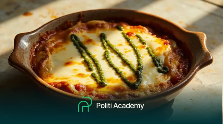 Um prato assado coberto com queijo derretido e molho verde, servido em um prato redondo marrom. O logotipo e o texto da Politi Academy aparecem na parte inferior da imagem.