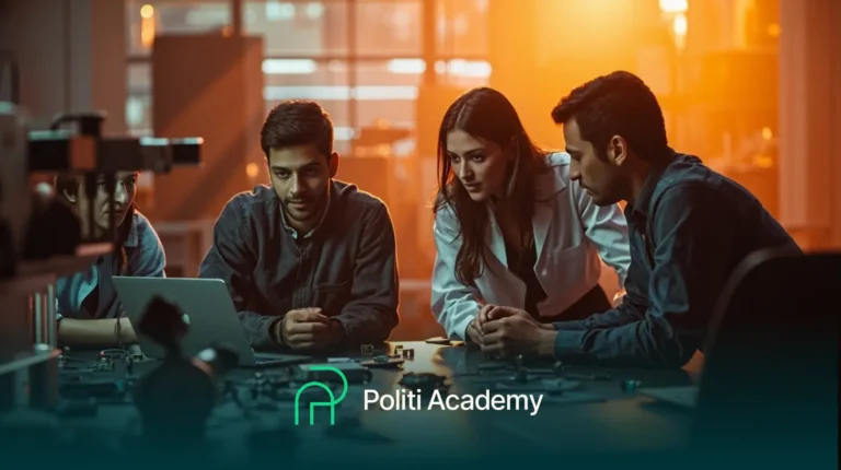 Quatro pessoas sentadas e em pé ao redor de uma mesa, olhando para um laptop em uma sala mal iluminada, com o logotipo da "Politi Academy" em primeiro plano.