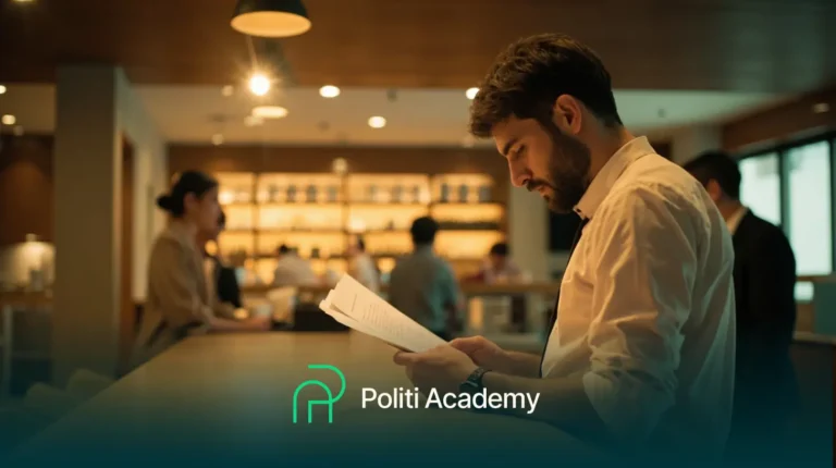 Um homem lê documentos em um espaço de escritório moderno e bem iluminado, com pessoas ao fundo; o logotipo e o texto "Politi Academy" aparecem na parte inferior.