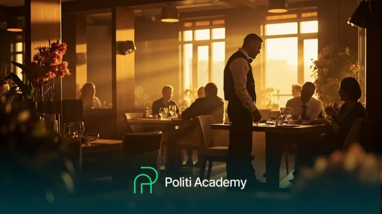 Um garçom serve os clientes em um restaurante durante o pôr do sol; as pessoas estão sentadas em mesas com copos e pratos. O logotipo da "Politi Academy" está sobreposto na parte inferior da imagem.