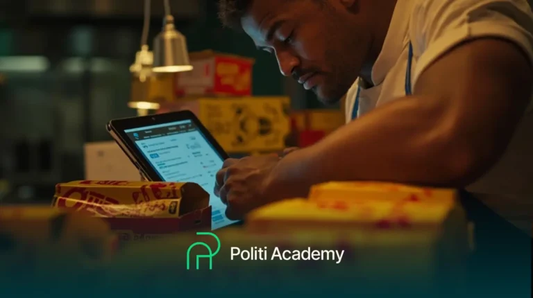 Um homem revisa informações em um tablet em uma mesa com caixas ao seu redor; o logotipo da "Politi Academy" é exibido na parte inferior da imagem.