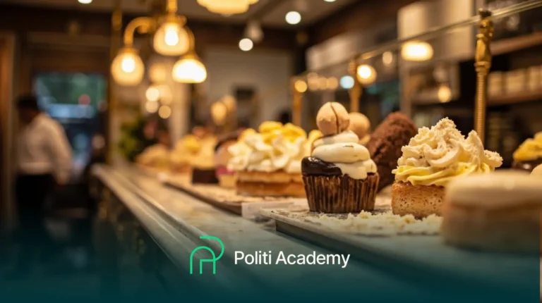 Uma vitrine com cupcakes e doces variados em uma padaria bem iluminada, com o logotipo da Politi Academy na parte inferior.