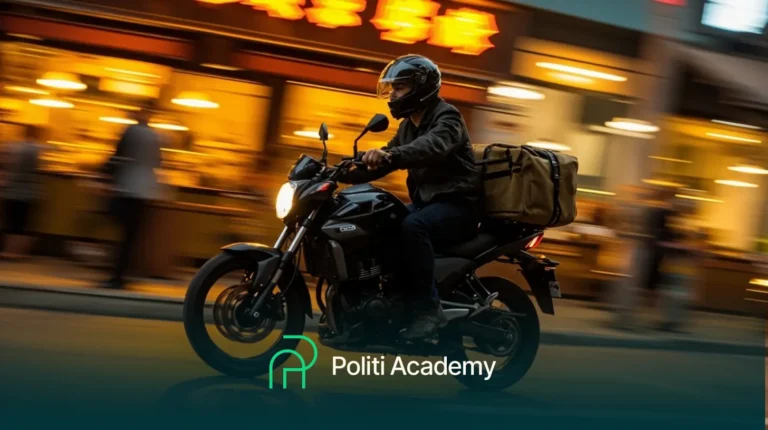 Uma pessoa usando capacete dirige uma motocicleta com uma bolsa grande, passando por um restaurante bem iluminado à noite; o logotipo da Politi Academy está sobreposto.