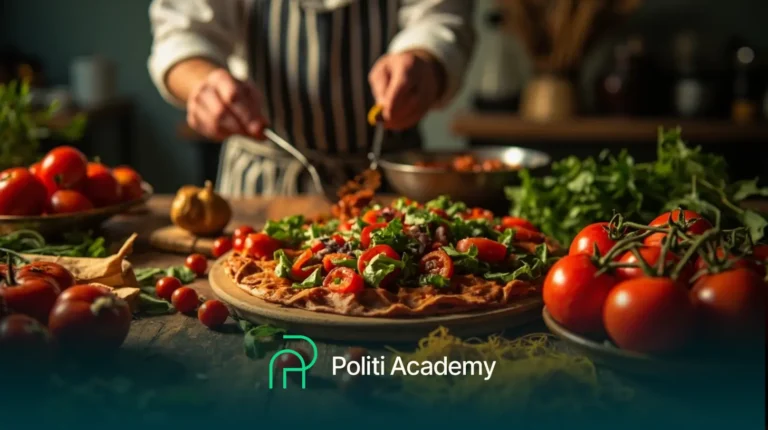 Uma pessoa de avental prepara uma pizza de legumes com ingredientes frescos em uma mesa de madeira, cercada por tomates, verduras e utensílios de cozinha. O logotipo da Politi Academy é visível na parte inferior.