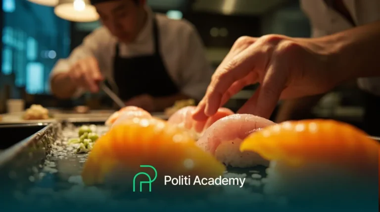 Close-up de um chef preparando sushi em uma cozinha profissional, com o logotipo e o nome da Politi Academy na parte inferior da imagem.