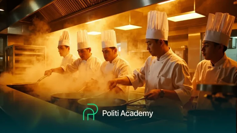Cinco chefs em uniformes brancos e chapéus cozinham em grandes fogões cercados por vapor em uma cozinha profissional. O logotipo da "Politi Academy" pode ser visto na parte inferior da imagem.