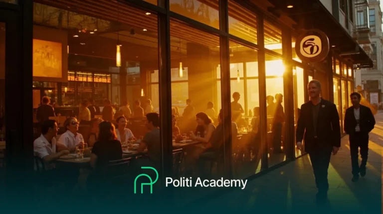 As pessoas estão jantando em um restaurante com paredes de vidro ao pôr do sol, enquanto dois indivíduos passam do lado de fora. "Politi Academy" e seu logotipo são exibidos na parte inferior da imagem.