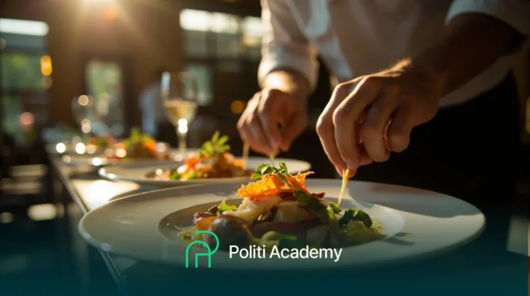 Um chef decora cuidadosamente um prato em um ambiente de restaurante, com outros pratos preparados e uma taça de vinho visíveis ao fundo. O texto "Politi Academy" aparece na parte inferior.