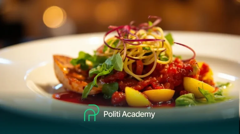 Um prato gourmet com bruschetta, cobertura de tomate, tomates amarelos, verduras e guarnição de legumes; o logotipo da "Politi Academy" está na parte inferior da imagem.