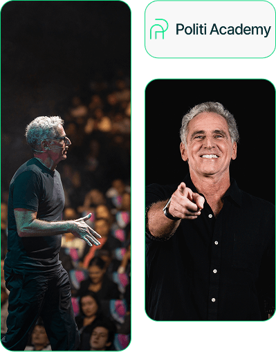 Imagens lado a lado de um homem com cabelos grisalhos: à esquerda, ele está falando no palco; à direita, ele está sorrindo e apontando para a câmera. O logotipo da "Politi Academy" é exibido acima.
