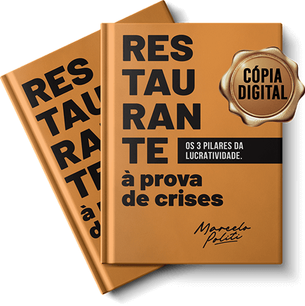 Dois livros marrons intitulados "Restaurante à prova de crises" com um emblema de cópia digital na capa e o nome da autora Marcela Politi.