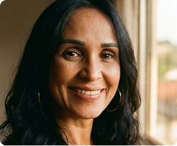 Uma mulher com longos cabelos escuros sorri em pé ao lado de uma janela, usando brincos de argola e um top de cor clara.