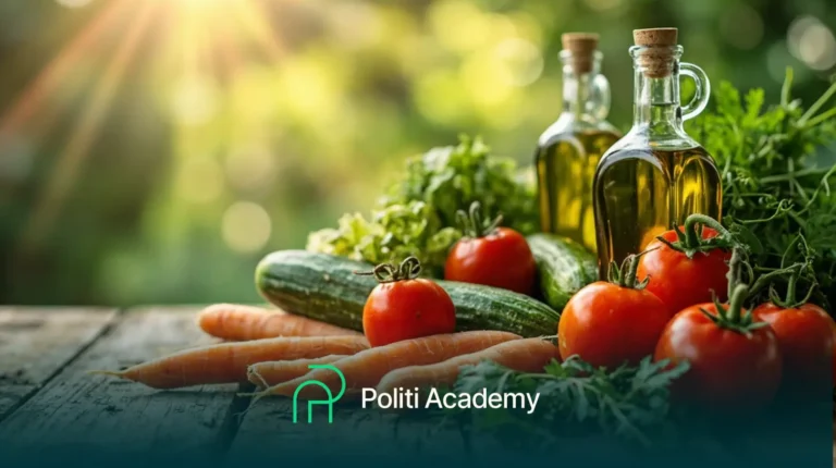 Legumes frescos variados e duas garrafas de azeite de oliva em uma mesa de madeira ao ar livre, com luz do sol e vegetação ao fundo. Logotipo da "Politi Academy" na parte inferior.