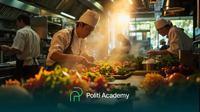 Um chef prepara alimentos em uma cozinha profissional cercado por vegetais frescos, com o logotipo e o texto "Politi Academy" na parte inferior.