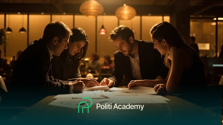 Quatro pessoas sentadas ao redor de uma mesa analisando documentos em uma sala pouco iluminada, com o texto "Politi Academy" e seu logotipo exibidos na parte inferior da imagem.