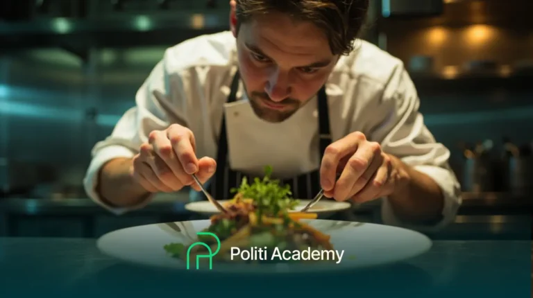 Um chef de cozinha atentamente prepara a comida em uma cozinha profissional. O logotipo da "Politi Academy" aparece na parte inferior da imagem.