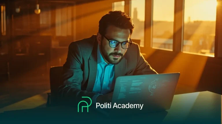 Um homem de terno e óculos trabalha em um laptop em um escritório iluminado pelo sol. As palavras "Politi Academy" e um logotipo são exibidos na parte inferior da imagem.