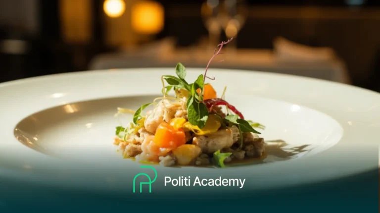 Uma salada gourmet em um prato branco com verduras mistas, tomates cereja e pedaços de frango, com o logotipo da Politi Academy na parte inferior.