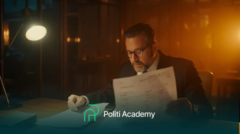 Um homem de terno lê documentos em uma mesa sob uma lâmpada em um escritório pouco iluminado. O texto "Politi Academy" e um logotipo aparecem na parte inferior da imagem.