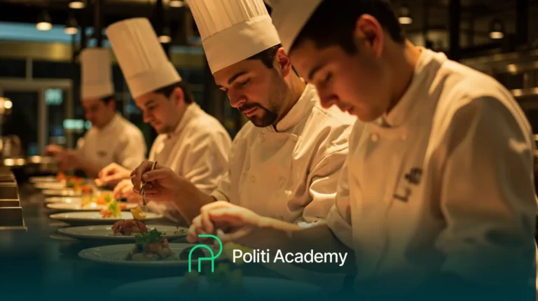 Quatro chefs em uniformes brancos e chapéus cuidadosamente preparam pratos em uma cozinha profissional; o logotipo e o texto da Politi Academy são exibidos na parte inferior.